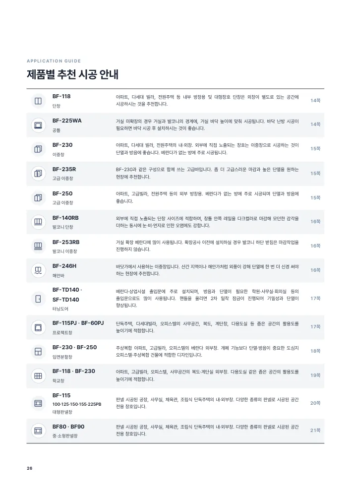 제품별 추천 시공 안내